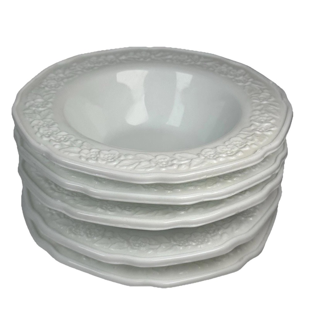 Vintage Milk Glass Embossed Floral Rim Soup Bowls‎ 5" White Set Of 5